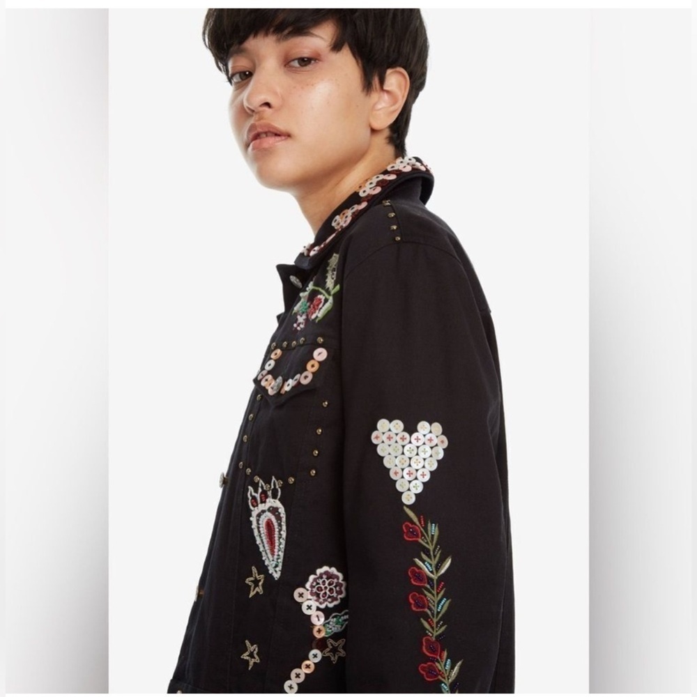 Desigual Ferrara Black Embellished Studded Embroidered Jacket Size 36, US Size 4 - Picture 3 of 16